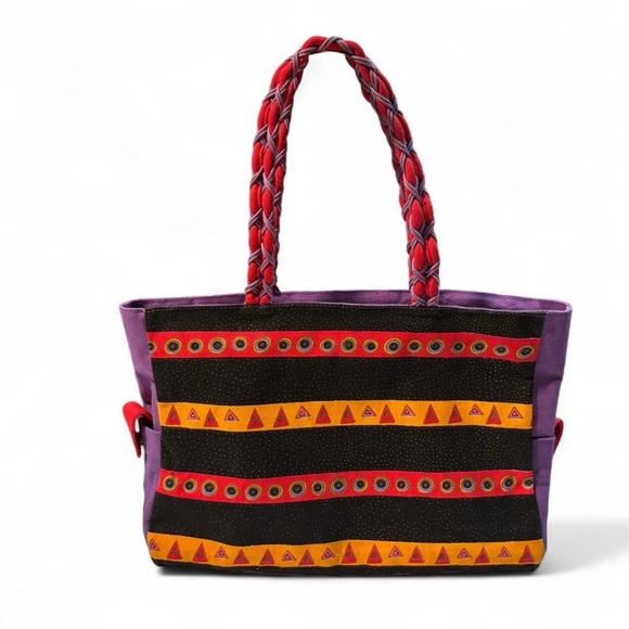 VTG Laurel Burch Colorful Cats Tote Bag Braided Strap Zip Canvas Purse Art Print - Picture 2 of 8